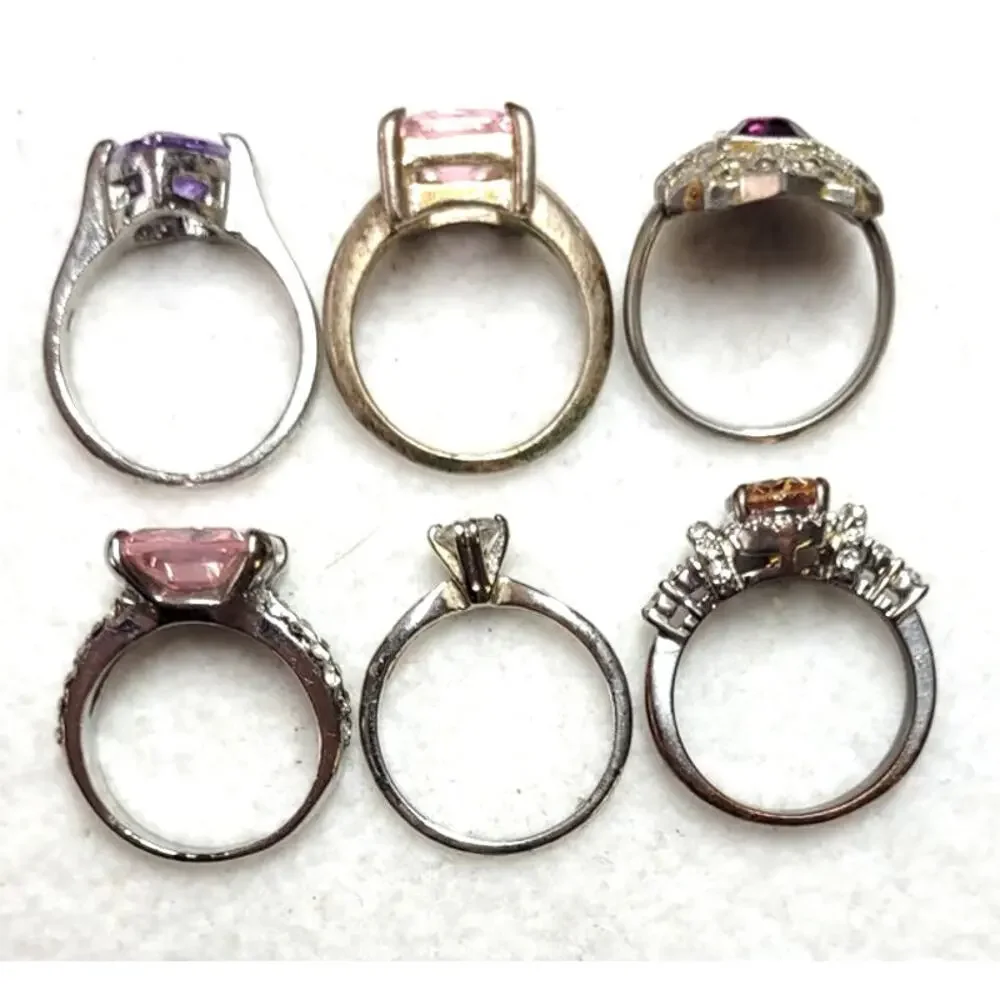 6 Pc Women's Rings Lot Size 7.5 - 8.5 Avon Rhinestone Cocktail Pink Purple